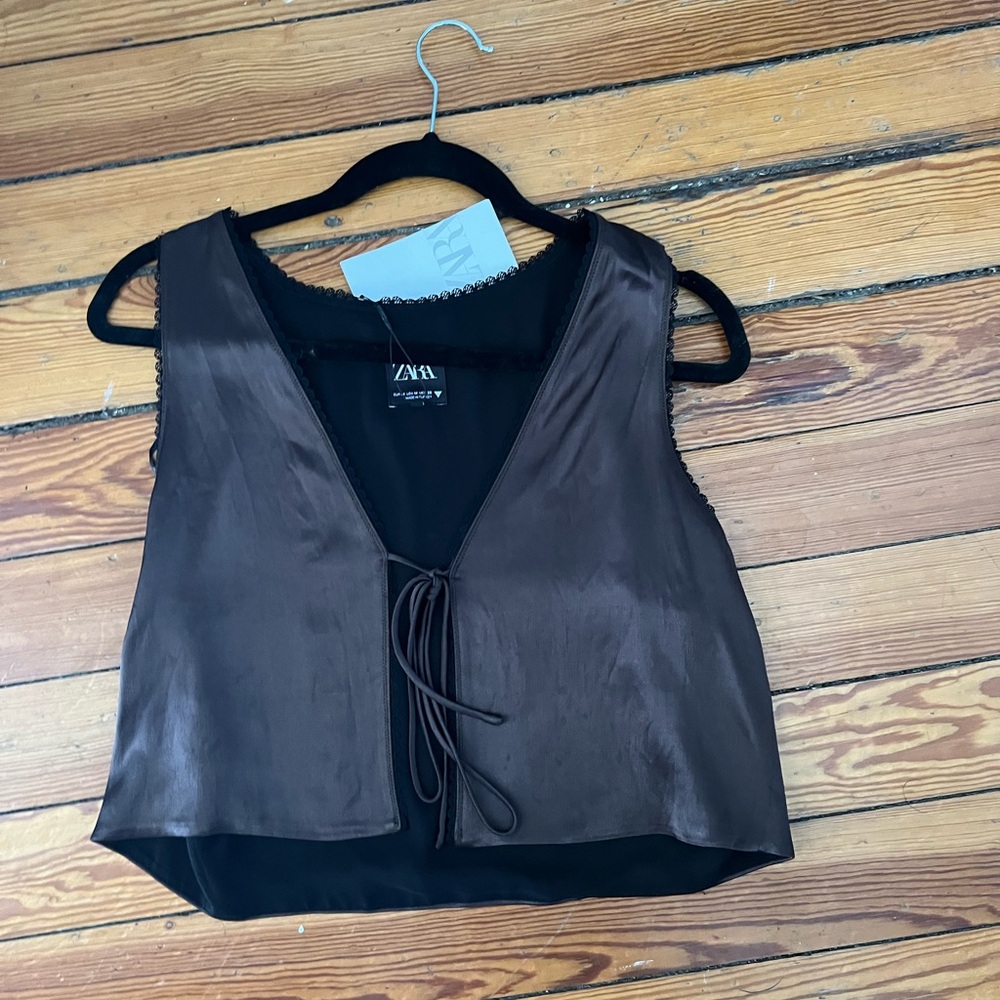Zara brown satin vest with tie front